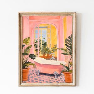 Tranh treo tường, tranh phong cảnh cổ điển trang trí, Henri Matisse Inspired Pink Bathroom Art Print, Bathtub Art Print, Colorful Bath Room Wall Art, Farmhouse Bathroom Art, Monstera Painting