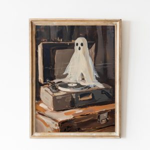 Tranh treo tường, tranh cổ điển trang trí phòng bé, Ghost Painting, Halloween Nursery Decor, Cute spooky Cute Halloween Creature Print Kids Room Decor Retro Vinyl Player Ghost for Music Lovers