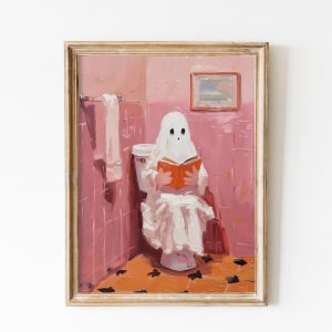 Tranh treo tường, tranh cổ điển trang trí, Vintage Bathroom Halloween Print, Pink Ghost Wall Art Art, Cute Ghost Painting, Toilette Funny Art, Soft Pink Preppy Trendy Printable