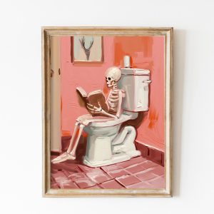 Tranh treo tường, tranh cổ điển trang trí, Vintage Bathroom Halloween Print, Pink Skeleton Wall Art Art, Cute Skeleton Painting, Toilette Funny Art, Soft Pink Preppy Trendy Printable
