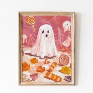 Tranh treo tường, tranh cổ điển trang trí phòng bé, Vintage Pink Ghost Wall Art Print Trick or Treat Nursery Decor Preppy Trendy Printable Art Cute Ghost Painting Candies Girly Print Kids Room
