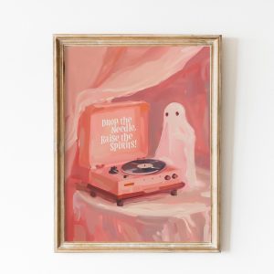 Tranh treo tường, tranh cổ điển trang trí, Halloween Pink Ghost Vintage Painting, Retro Music Poster , Soft Pink Halloween Music Room, Record Player Art Vinyls Cute spooky