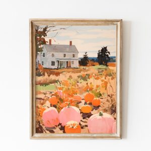 Tranh treo tường, tranh phong cảnh cổ điển trang trí, Country House Halloween Wall Art Pumpkin Painting Fall Decor Autumn Print Farmhouse Halloween Cottage Core Art Wall Decor Over the Bed
