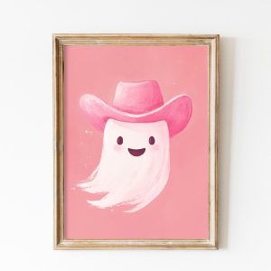Tranh treo tường, tranh động vật trang trí phòng bé, Vintage Pink Cowboy Ghost Art, Western Pink Halloween Print, Rodeo Ghost Painting, Cute Kawaii Halloween Wall Art, Funny Trendy Kids Room