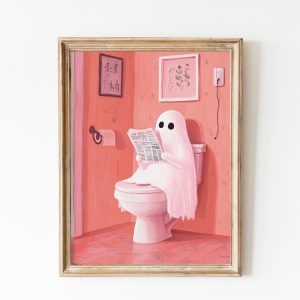 Tranh treo tường, tranh cổ điển trang trí, Cute Ghost Reading on Toilet Halloween Print Trendy Spooky Pink Decor Funny Pink Halloween Bathroom Printable Wall Art Retro Funny Halloween