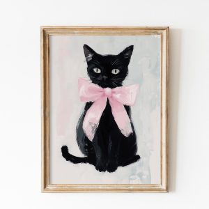 Tranh treo tường, tranh động vật trang trí, Cute Black Cat with Pink Bow Poster, Halloween Soft Pink Painting, Preppy Stuff, Gift for Cat Lovers, Trendy Dopamine Decor
