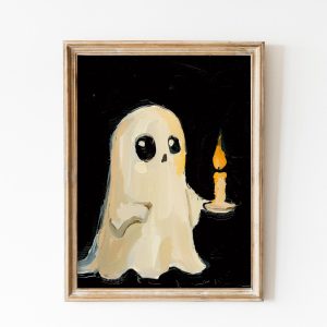 Tranh treo tường, tranh cổ điển trang trí phòng bé, Vintage Cute Ghost Holding a Candle Wall Oil Painting, Halloween Nursery Decor, Cute Spooky Wall Art, Coquette Room Decor Print