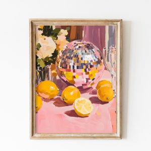 Tranh treo tường, tranh trang trí, Mirrorball with Lemons Poster, Hot Pink Fruits Wall Art, Printable Art, Disco Ball Decor, Soft Pink, Preppy Stuff, Y2K Dopamine Decor