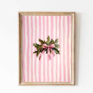 Tranh treo tường, tranh Giáng sinh phong cảnh trang trí, Pink Christmas Mistletoe and Pink Bow Painting Farmhouse Holiday Decor Pink Strips Wall Art Rustic Christmas Art Print Neutral Xmas Decor