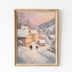 Tranh treo tường, tranh Giáng sinh mùa đông trang trí, Christmas Winter Village Print Rustic Village Print Winter Scene Painting Christmas Wall Art Snow Landscape Winter Scene Print