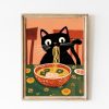 Tranh treo tường, tranh động vật trang trí phòng bé, Funny Black Cat Eating Ramen, Japanese Kitchen Art Printable Poster, Asian Food, Kids Room Wall Art, Cat Lover Gift, Ramen Noodles Bowl Art