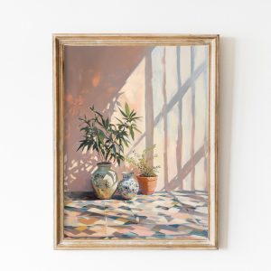 Tranh treo tường, tranh hoa trang trí, Moroccan Garden Architectural Wall Art, Marrakech Art Print, Mediterranean Neutral Decor with Plants, Trendy Printable Botanical Art