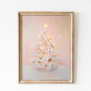 Tranh treo tường, tranh Giáng sinh trừu tượng trang trí, Pink Bows Christmas Tree Abstract Painting, Boho Holiday Lights Wall Art Print, Retro December Printable, Festive Vintage