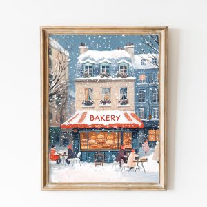 Tranh treo tường, tranh Giáng sinh mùa đông trang trí, Vintage Bakery Shop Print, Winter French Decor, Christmas Bakery Wall Art, Pastel Blue Corner Shop, Baby Blue Trendy Pink Xmas Kitchen Decor