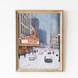 Tranh treo tường, tranh Giáng sinh mùa đông trang trí, Vintage Christmas Chicago Poster, Winter Chicago Wall Art, Retro Oil Painting, USA Travel Poster, Dorm Decor Gift, Night City Landscape