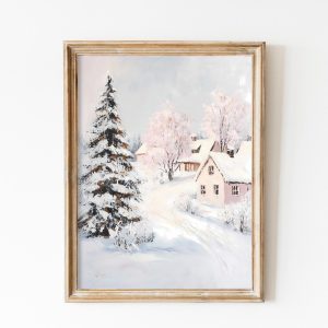Tranh treo tường, tranh Giáng sinh mùa đông trang trí, Christmas Winter Village Print Rustic Village Print Winter Scene Painting Christmas Wall Art Snow Landscape Winter Scene Print