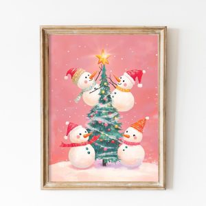 Tranh treo tường, tranh Giáng sinh mùa đông trang trí, Pink Snowman Xmas Tree Wall Art, Girly Winter Nursery Decor, Kids Preppy Christmas Printable,  Printable Xmas Wall Art, Girls Room Decor