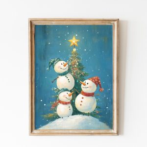 Tranh treo tường, tranh Giáng sinh mùa đông trang trí, Nursery Blue Snowman Xmas Tree Wall Art, Boys Winter Decor, Kids Preppy Christmas Printable,  Printable Xmas Wall Art, Kids Room Decor