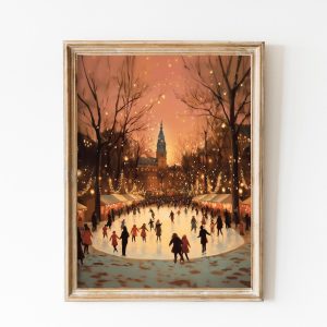 Tranh treo tường, tranh Giáng sinh mùa đông trang trí, Ice Skating Children under Christmas Lights, Festive Holiday Wall Art, Cozy Winter Scene, Charming Christmas Decor, Vintage Print