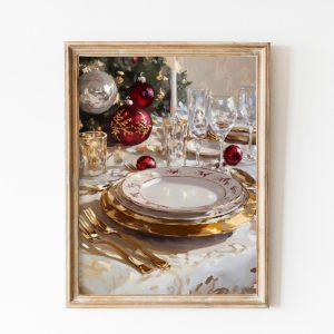 Tranh treo tường, tranh Giáng sinh cổ điển trang trí, Gold Christmas Ornaments Printable, Moody Christmas Diner Decor, Xmas Print, Vintage Christmas Print, Cutlery Christmas, Oil Painting Art