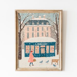 Tranh treo tường, tranh mùa đông trang trí, Library Poster in Winter. Xmas Pastel Academia, New York Print, 1950s Aesthetic, Soft Girl Aesthetic, Reading Posters, Preppy Room Decor