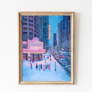 Tranh treo tường, tranh Giáng sinh mùa đông trang trí, Vintage Pink Winter Chicago Poster, Christmas Chicago Wall Art, Retro Oil Painting, USA Travel Poster, Dorm Decor Gift, Night City Landscape
