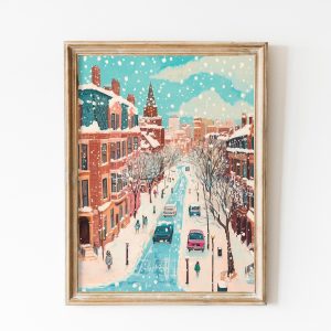 Tranh treo tường, tranh Giáng sinh mùa đông trang trí, Vintage Christmas Boston Poster, Winter Boston Wall Art, Retro Town Village Art, USA Travel Poster, Dorm Decor Gift, City Streets Landscape