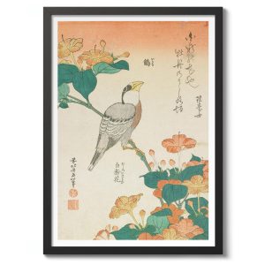 Tranh treo tường, tranh hoa phong cảnh trang trí, Hawfinch and Marvel-of-Peru by Katsushika Hokusai, Traditional Japanese Woodblock Print, Bird and Flower Art Poster