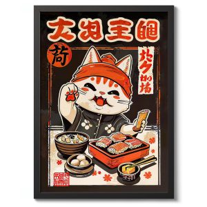 Tranh treo tường, tranh động vật chân dung trang trí, Maneki-Neko Sushi Cat Print, Cute Anime Illustration Poster, Wall Art Decor, Gift