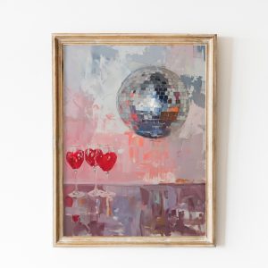 Tranh treo tường, tranh đồ uống trang trí, Valentine's Day Champagne Mirrorball Poster, Preppy Vday Hearts Wall Art, Soft Pink Disco Ball Print, Y2K Home Decor, Bar Cart Print