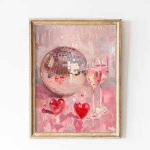 Tranh treo tường, tranh chân dung cổ điển trang trí, Valentine's Day Champagne Mirrorball Poster, Heart Disco Ball Vday Wall Art, Romantic Vintage Home Decor Weddings Anniversary Love Decor
