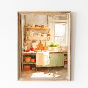 Tranh treo tường, tranh phong cảnh nhà bếp trang trí, Green Vintage Kitchen Print, Rustic House Decor, Farmhouse Wall Art Pastel Bright Green Kitchen Trendy Window Matisse Decor, Countryside Art