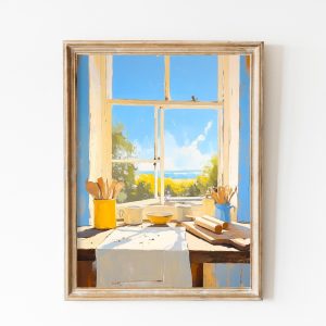 Tranh treo tường, tranh phong cảnh nhà bếp trang trí, Vintage Countryside Cottage Painting: Rustic Kitchen Art Print ( )