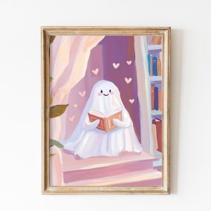 Tranh treo tường, tranh trang trí, Valentine's Day Cute Ghost Wall Art Print, Books Library Decor Book Nook Vday Printable Coquette Room Decor Book Shop Girls Dorm Painting