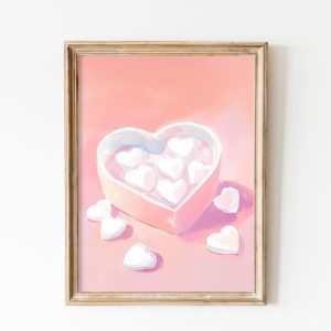 Tranh treo tường, tranh nhà bếp trang trí, Heart Shaped Box of Chocolates Painting, Valentine's Day Wall Art Print, Girly Kitchen , Girly Pink Pastel Food Printable