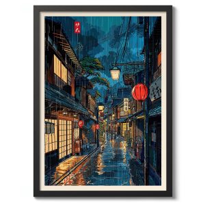 Tranh treo tường, tranh phong cảnh trang trí, Sapporo Tea House Print, Japanese Night Street Poster, Anime Illustration Wall Art Decor, Rainy Tea Scene Gift