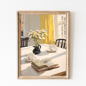 Tranh treo tường, tranh hoa trang trí, Coffee and Books Painting, Open Book Print, Bookworm Printable Art, Soft Yellow Trendy Wall Art, Print, Floral Pastel Art, Tea Print