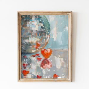 Tranh treo tường, tranh trang trí, Vday Heart Shaped Mirrorball Poster, Blue Love Disco Ball Decor, Soft Blue Preppy Valentine’s Day Wall Art, Y2K Dopamine Decor, Vday Gift