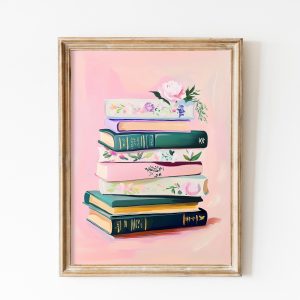 Tranh treo tường, tranh trang trí, Pastel Book Stack Painting | Whimsical Bookshelf Wall Art | Reading Nook Decor Print | Modern Colorful Books Print | Book Lover Painting