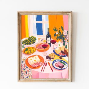 Tranh treo tường, tranh đồ uống nhà bếp trang trí, Tapas Dinner and Wine Wall Art, Trendy Tapas Printable, Kitchen Gift for Foodies Colorful, Spanish Wine Print, Green Olives and Cheese Art