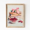 Tranh treo tường, tranh trang trí, Coquette Books Poster, Cherries and Books Art, Pink Bow, Pastel Academia, Soft Girl Aesthetic, Reading Posters, Coquetteful Aesthetic Art
