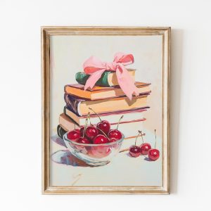 Tranh treo tường, tranh trang trí, Coquette Books Poster, Cherries and Books Art, Pink Bow, Pastel Academia, Soft Girl Aesthetic, Reading Posters, Coquetteful Aesthetic Art