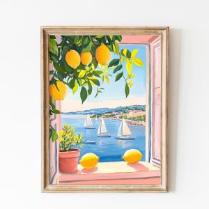 Tranh treo tường, tranh biển trang trí, Henri Matisse Open Window Fauvism Painting, Sailing Art, Costal Painting, Vibrant Mediterranean Coastal Art Sunlit Ocean Lemons View Balcony