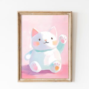 Tranh treo tường, tranh động vật chân dung trang trí, Maneki-neko Painting, Lucky Pink Cat Wall Art, Japanese Cat Printable, Cat Lover Art, Cute Kitty Print for Pet Parents, Retro Kawaii Cat Art