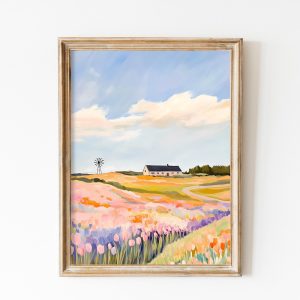 Tranh treo tường, tranh hoa phong cảnh trang trí, Vintage Mill with Pink Tulips Field Print, Spring Girly Artful Tulip Print, Floral Nursery Girly Decor  Spring Farmhouse Art in Netherlands