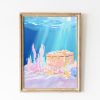 Tranh treo tường, tranh biển trang trí, Blue Whimsical Mermaid Treasure Chest Painting, Coastal Wall Art Print for Girl's Room Girly Beachy Underwater Treasure Art