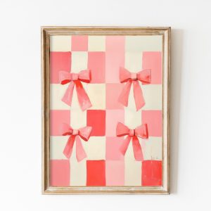 Tranh treo tường, tranh trang trí phòng bé, Pink Checkered Print with Bows - Girly Coquette Aesthetic, Pastel Pink Gingham Wall Art Pink Nursery, Balletcore Printable