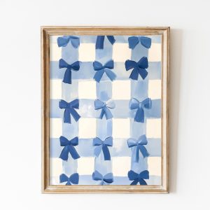 Tranh treo tường, tranh trang trí phòng bé, Blue Checkered Print with Bows - Girly Coquette Aesthetic, Pastel Blue Gingham Wall Art Blue Nursery, Balletcore Printable