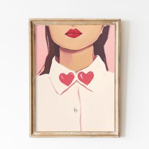 Tranh treo tường, tranh chân dung cổ điển trang trí, Retro Girly Portrait with Red Lipstick and Heart Shaped Collar, Pink Trendy Modern Print, Preppy Fashionista Girly Decor, Roommate Gift