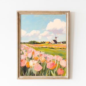 Tranh treo tường, tranh hoa phong cảnh trang trí, Vintage Mill with Pink Tulips Field Print, Spring Girly Artful Tulip Print, Floral Nursery Girly Decor  Spring Farmhouse Art in Netherlands